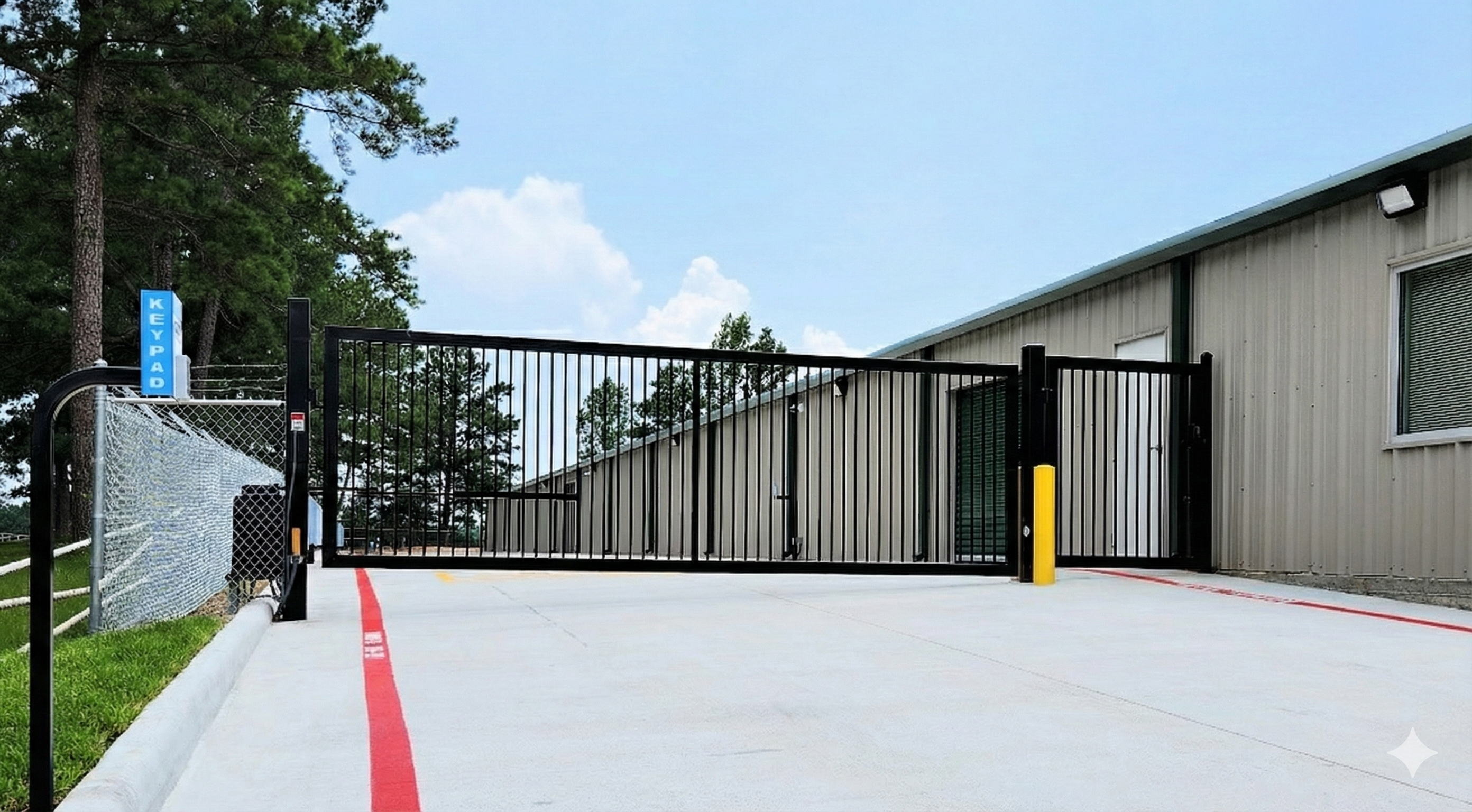 Secure keypad entry gate and fenced storage units at Pine View Storage self storage facility in Livingston Texas
